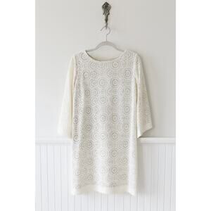 Emma & Michele Crochet Shift Dress Cream Lined Flare Sleeve Size Medium